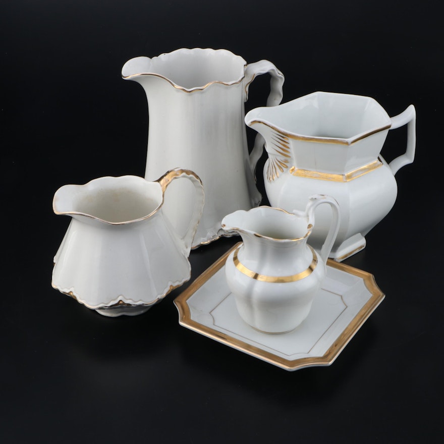Homer Laughlin and Other Gilt Ceramic Pitchers and Serving Plate