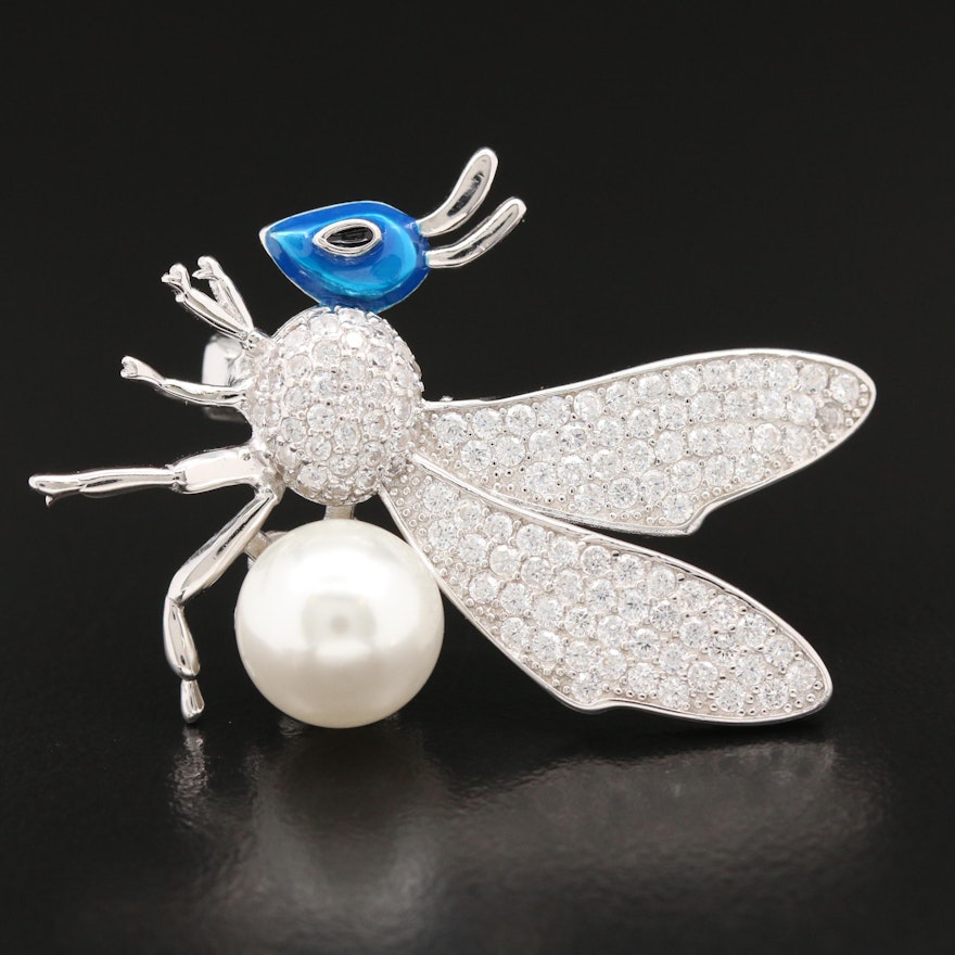 Sterling Cubic Zirconia, Enamel and Faux Pearl Insect Brooch