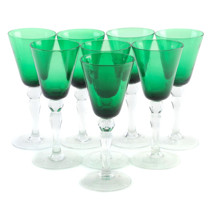 Emerald Green and Clear Glass Water Goblets, Mid to Late 20th Century