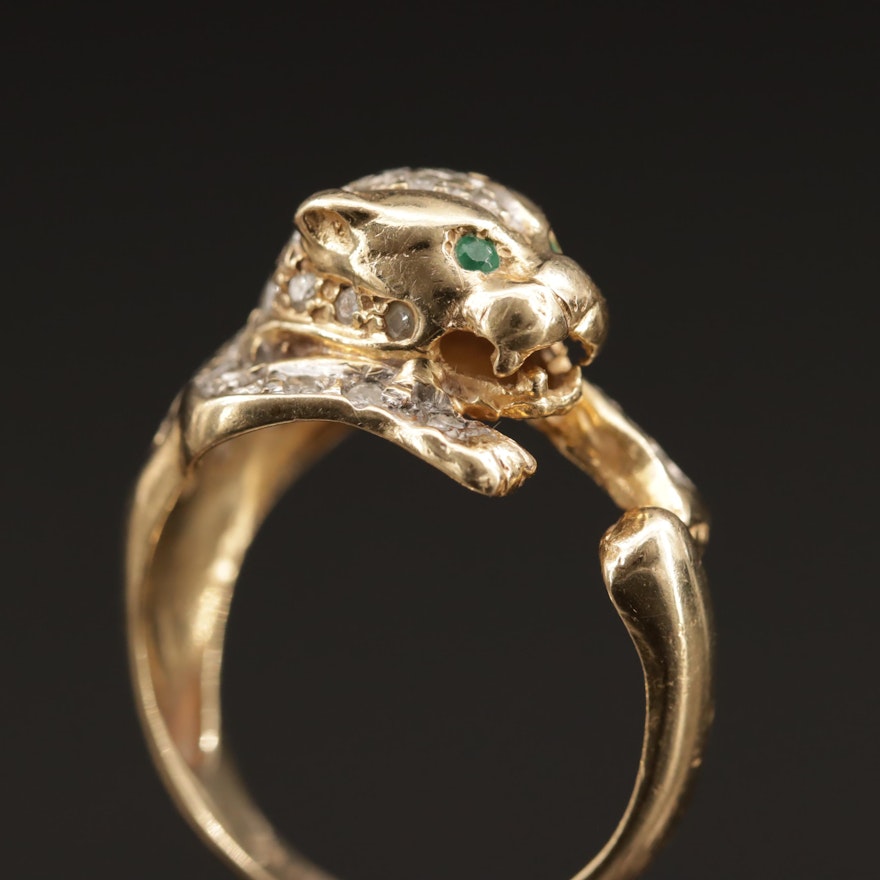 14K Diamond and Emerald Cougar Ring