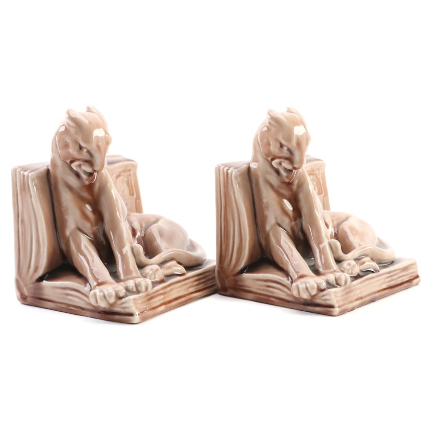 Rookwood Pottery Wine Glaze Panther Bookends Modeled by William McDonald, 1944