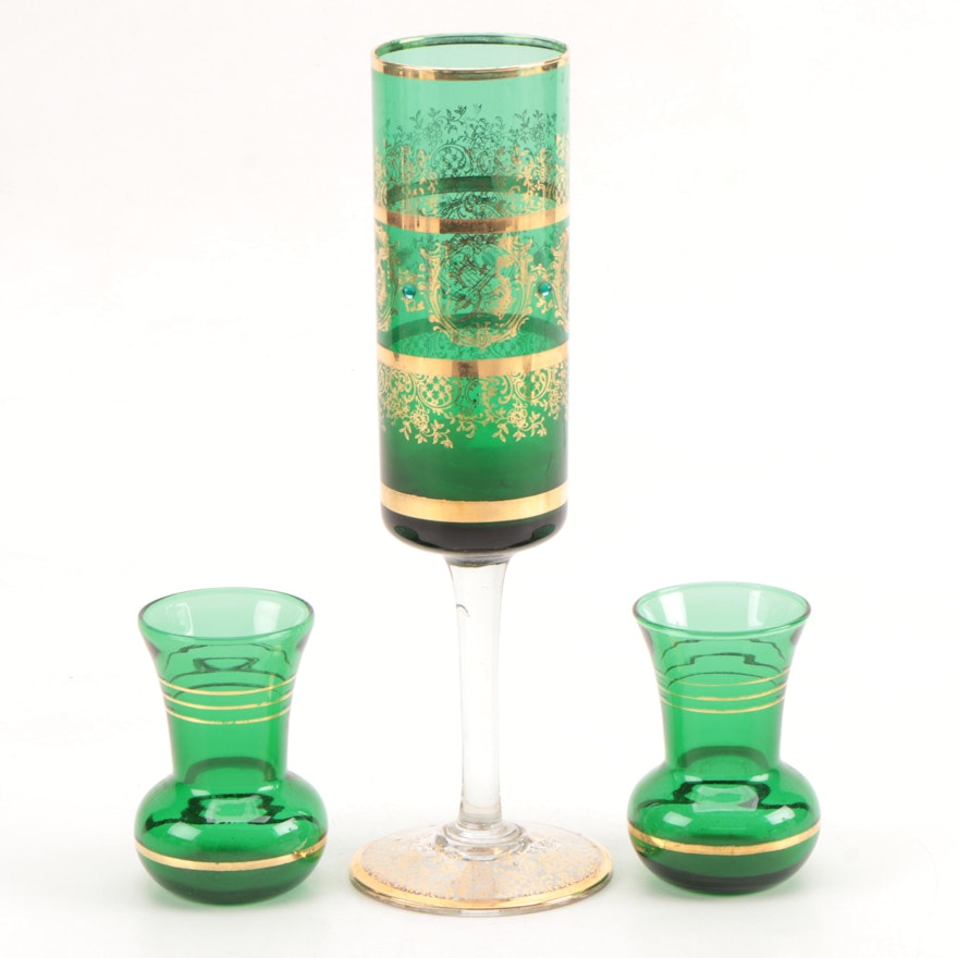 Green and Gold Gilt Glass Vases and Candle Holder, Mid 20th Century