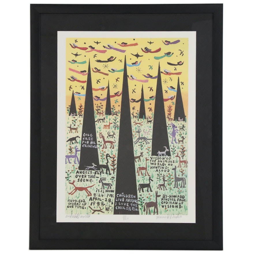 Howard Finster Offset Lithograph "Animals World", Late 20th Century