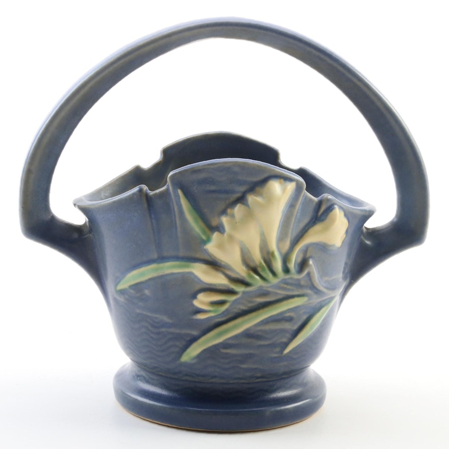 Roseville Pottery Blue "Freesia" Basket, Mid-20th Century