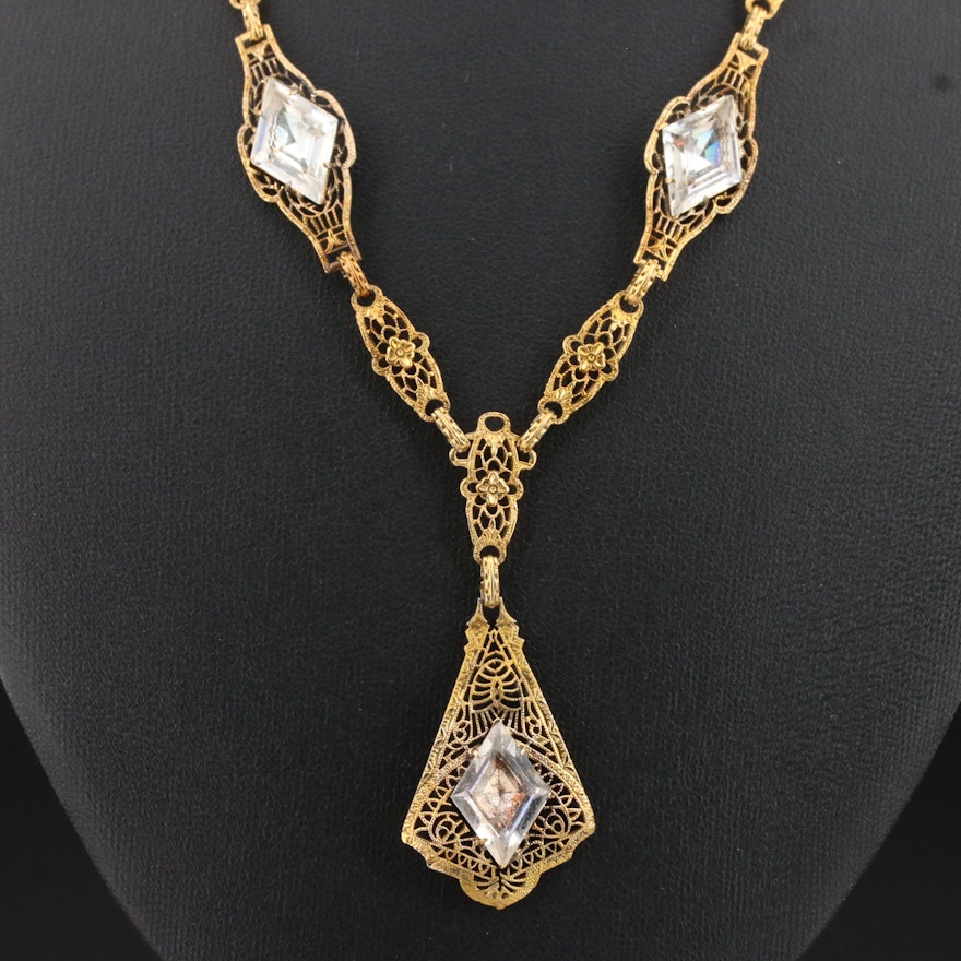 Art Deco Rhinestone Filigree Lavalier Necklace