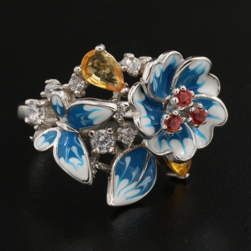 Sterling Silver White and Blue Enamel Flower and Butterfly Cluster Ring
