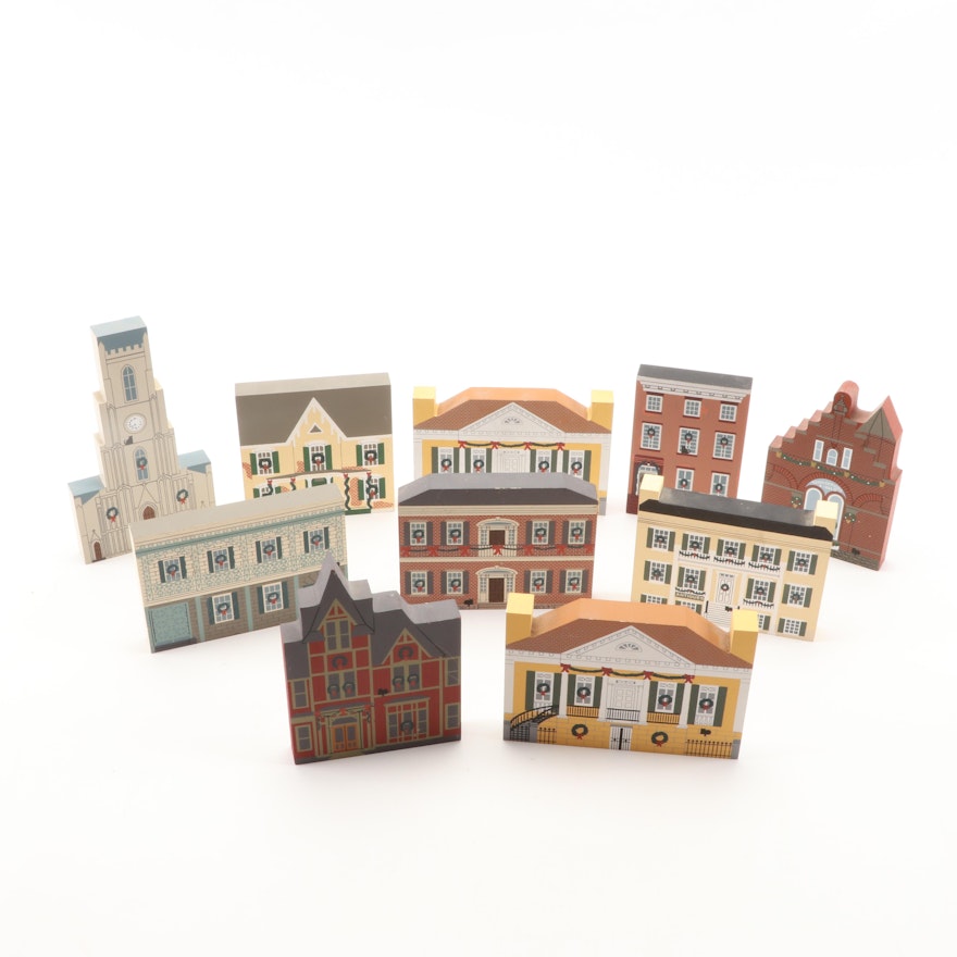 The Cat's Meow Village Hand-Decorated Christmas Series Wooden Buildings, 1990s