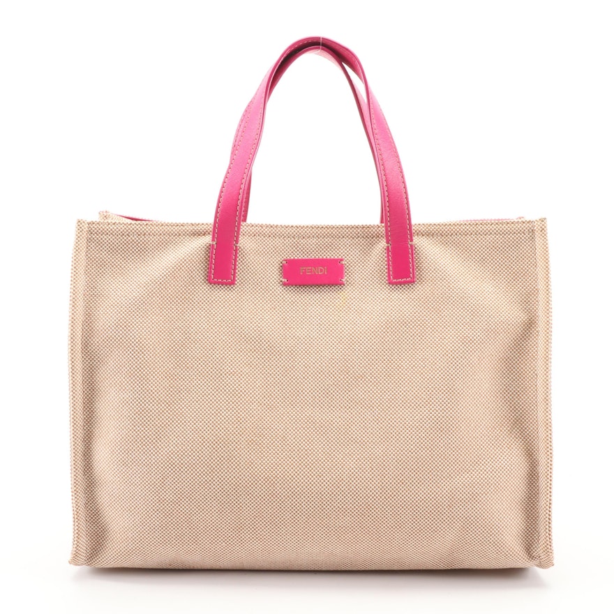 Fendi Canvas Tote with Hot Pink Leather Trim and Accessory Pouch