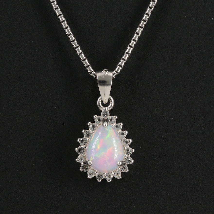 Sterling Silver Opal and White Topaz Teardrop Necklace
