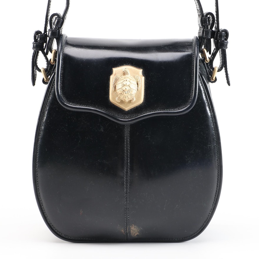 Kieselstein-Cord Black Patent Leather Crossbody Bag with Turtle Shield