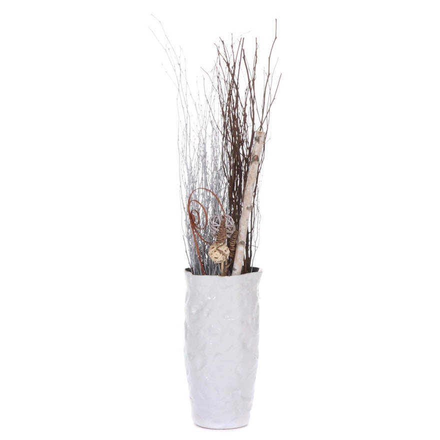White Ceramic Floor Vase with Faux Plants
