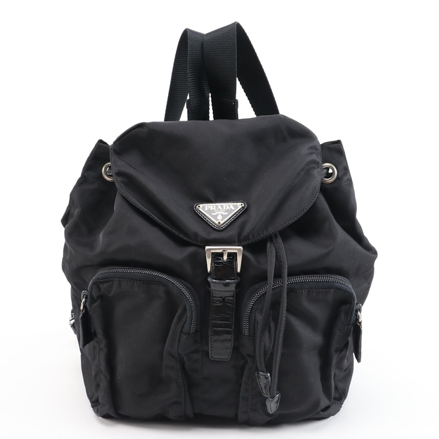 Prada Black Vela Nylon Drawstring Backpack with Patent Leather Trim