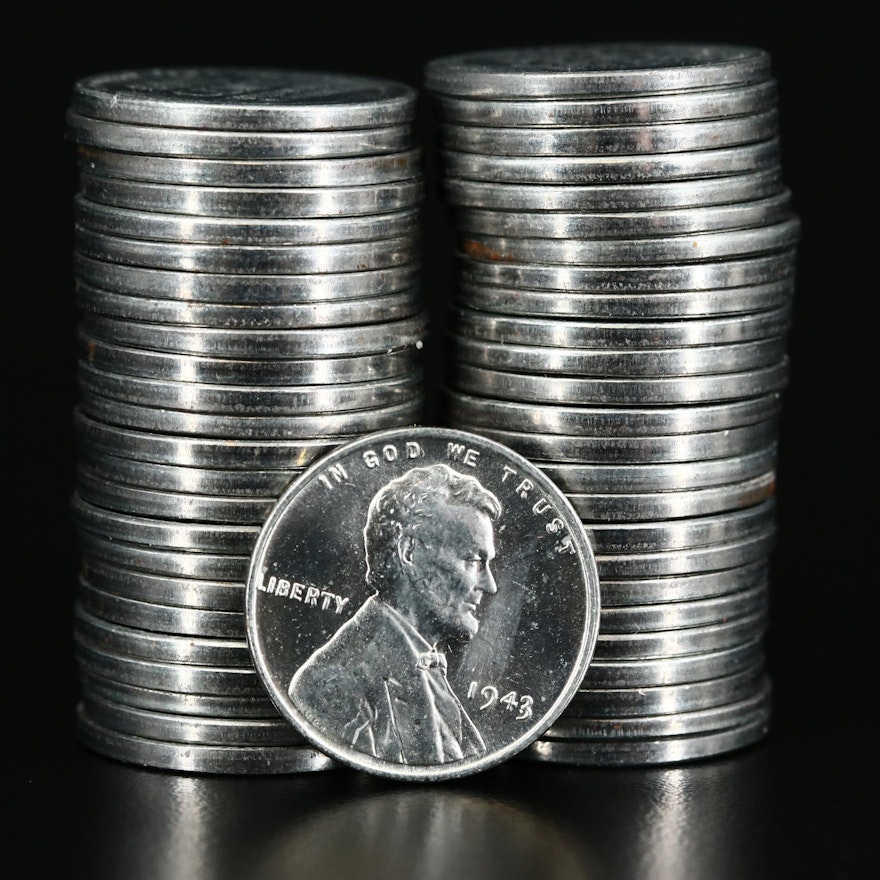 Roll of Fifty WWII Steel Lincoln Wheat Cents, 1943