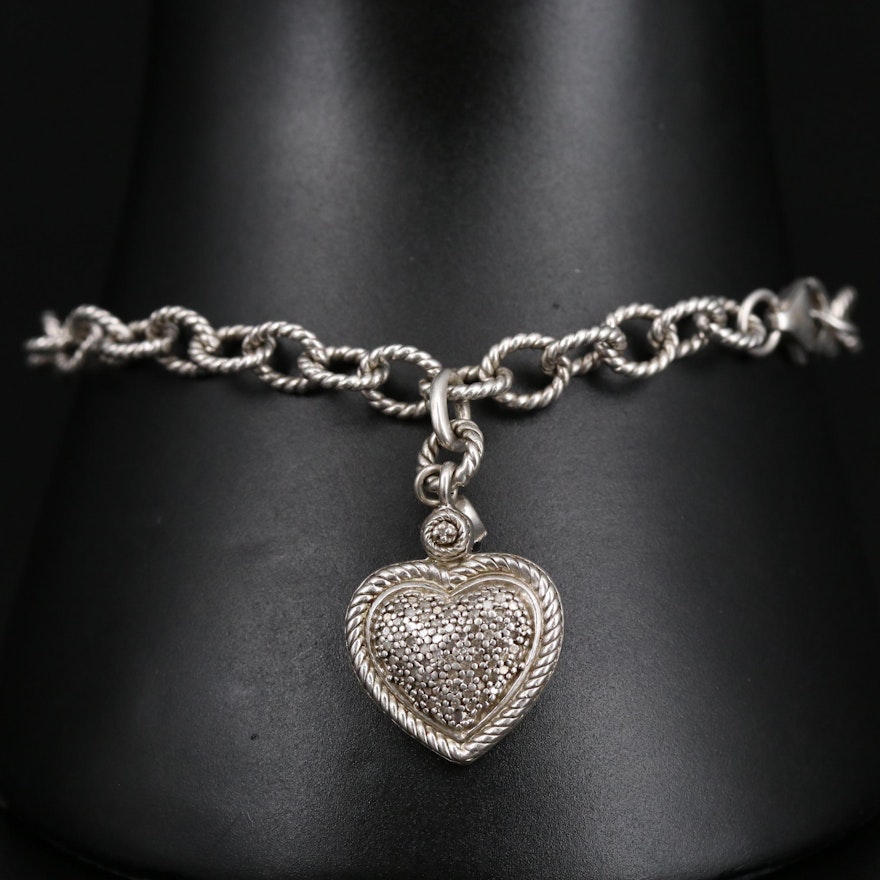 Sterling Silver Cable Link Bracelet with Diamond Heart Charm
