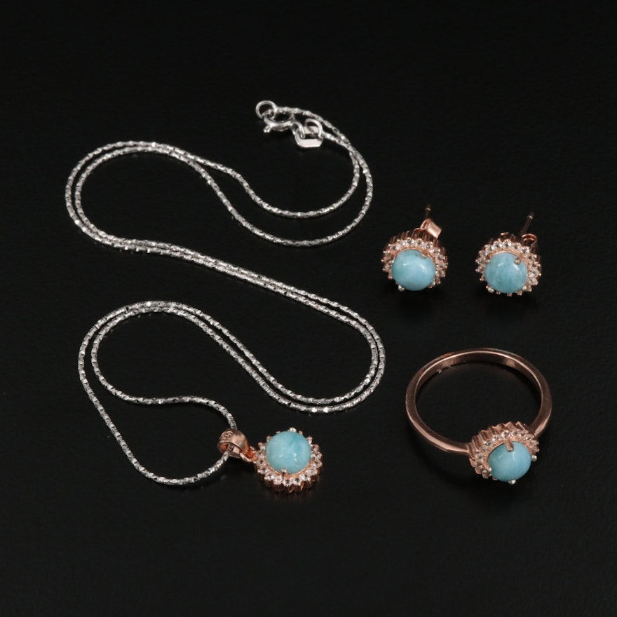 Sterling Silver Larimar and Topaz Earrings, Ring and Necklace