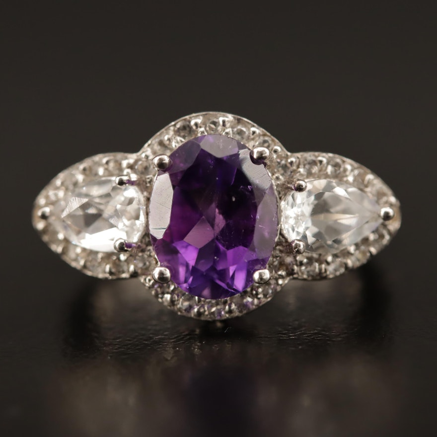 Sterling Silver Amethyst and Topaz Ring with Scroll Motif