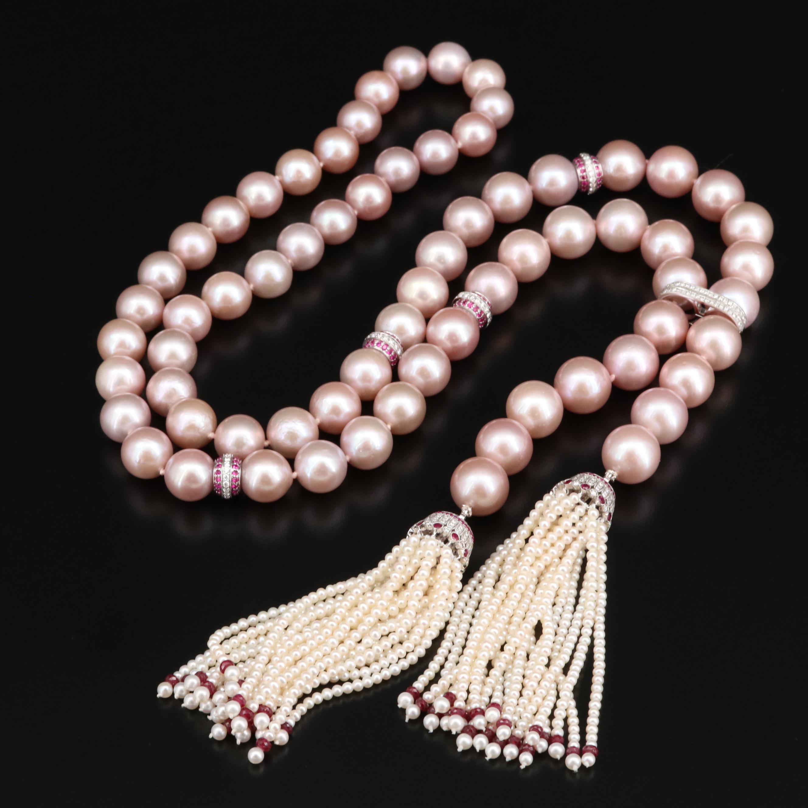 18K Pearl, 3.04 CTW Diamond and Ruby Sautoir Necklace with Pearl Shortener