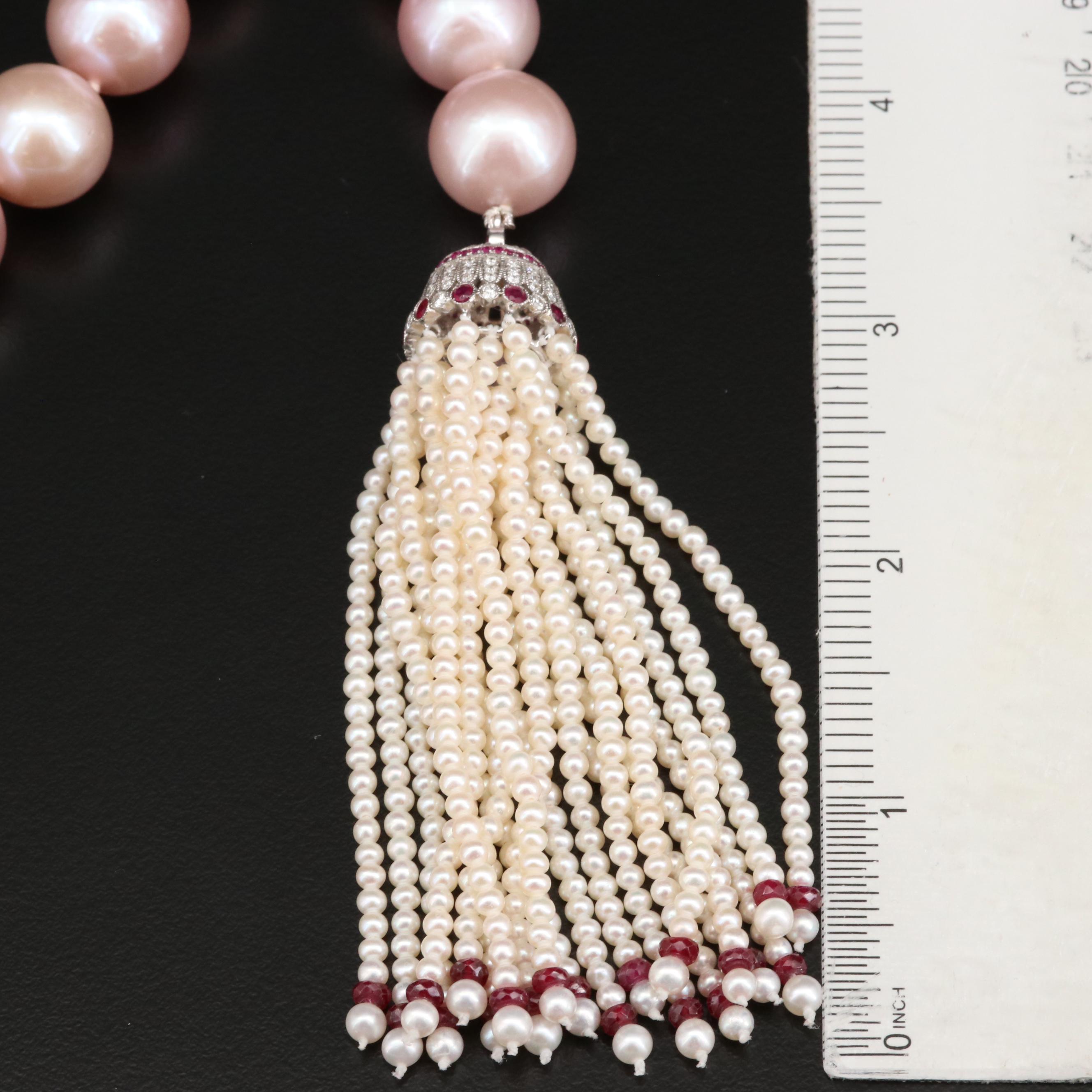 18K Pearl, 3.04 CTW Diamond and Ruby Sautoir Necklace with Pearl Shortener