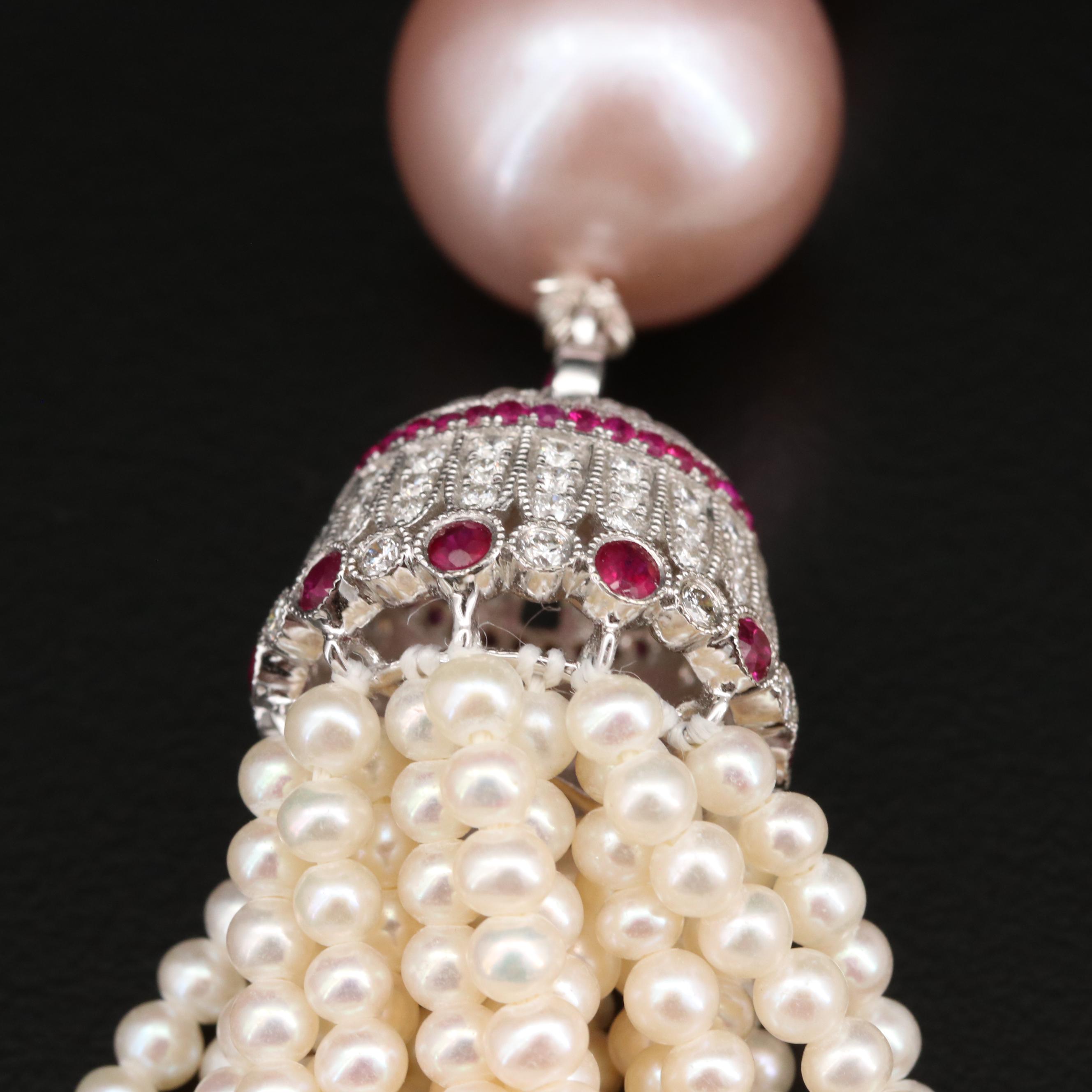 18K Pearl, 3.04 CTW Diamond and Ruby Sautoir Necklace with Pearl Shortener