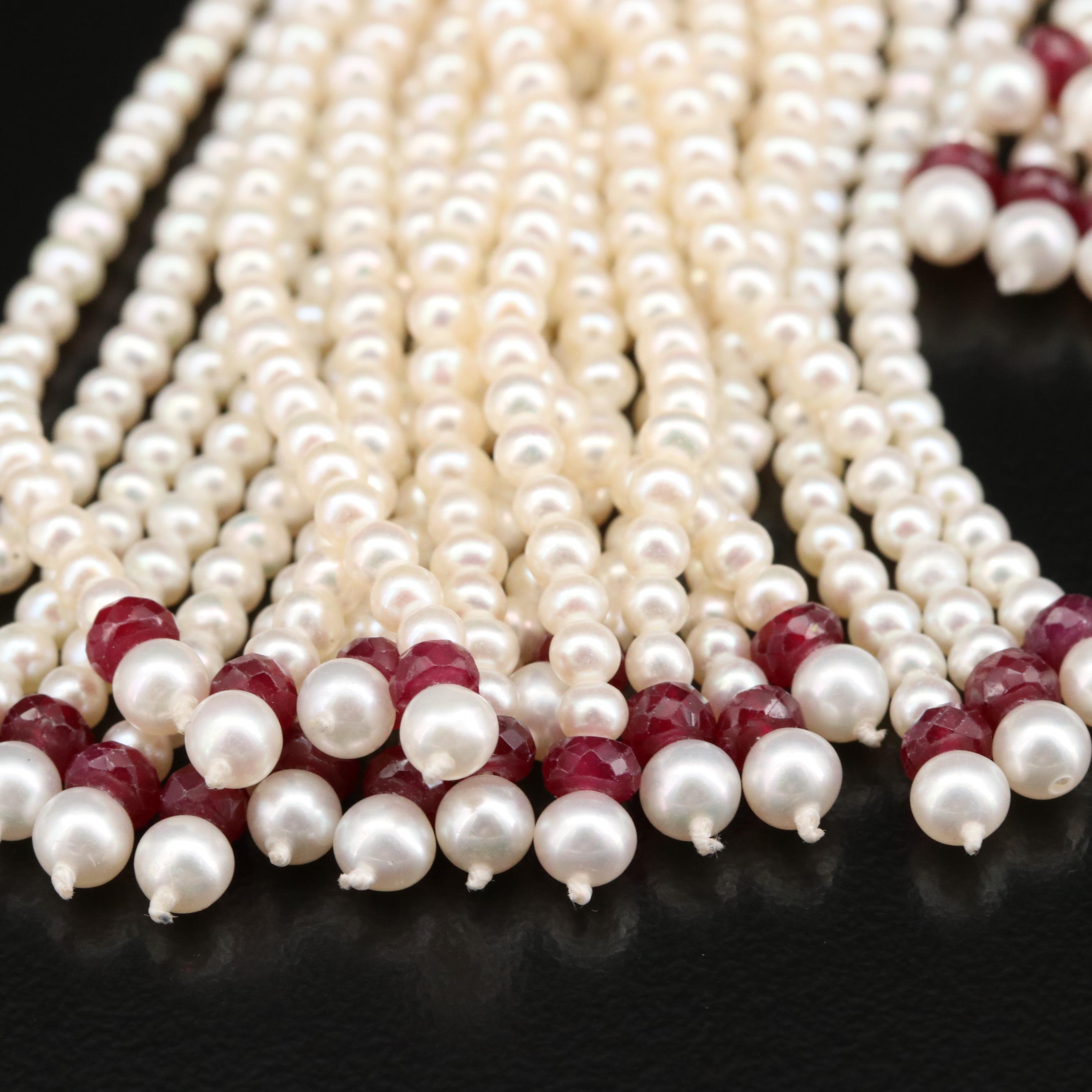 18K Pearl, 3.04 CTW Diamond and Ruby Sautoir Necklace with Pearl Shortener