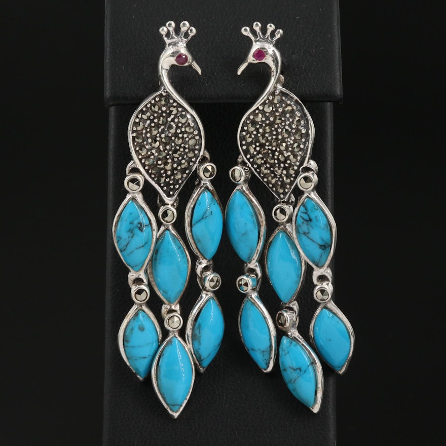 Sterling Turquoise and Marcasite Stylized Peacock Motif Drop Earrings