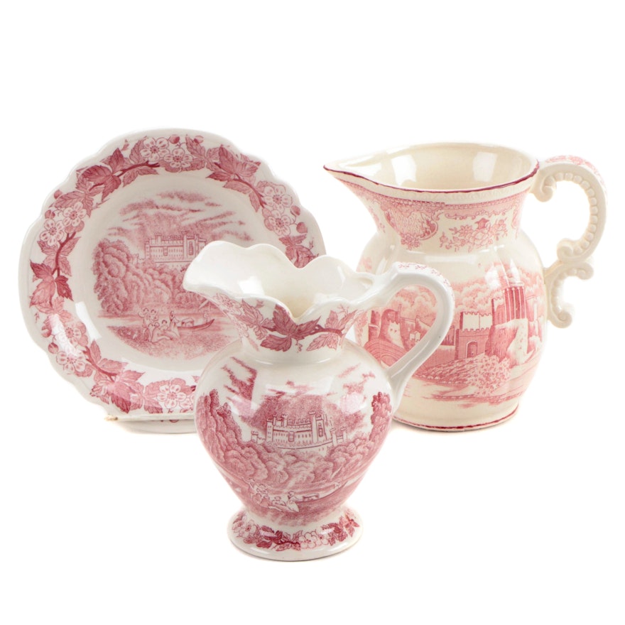 Japanese Pink Transferware Pitcher with Other Pitcher and Bowl