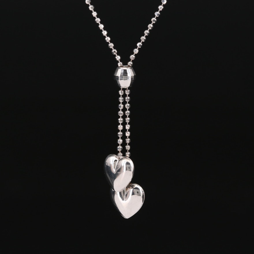 14K Double Heart Lariat Necklace