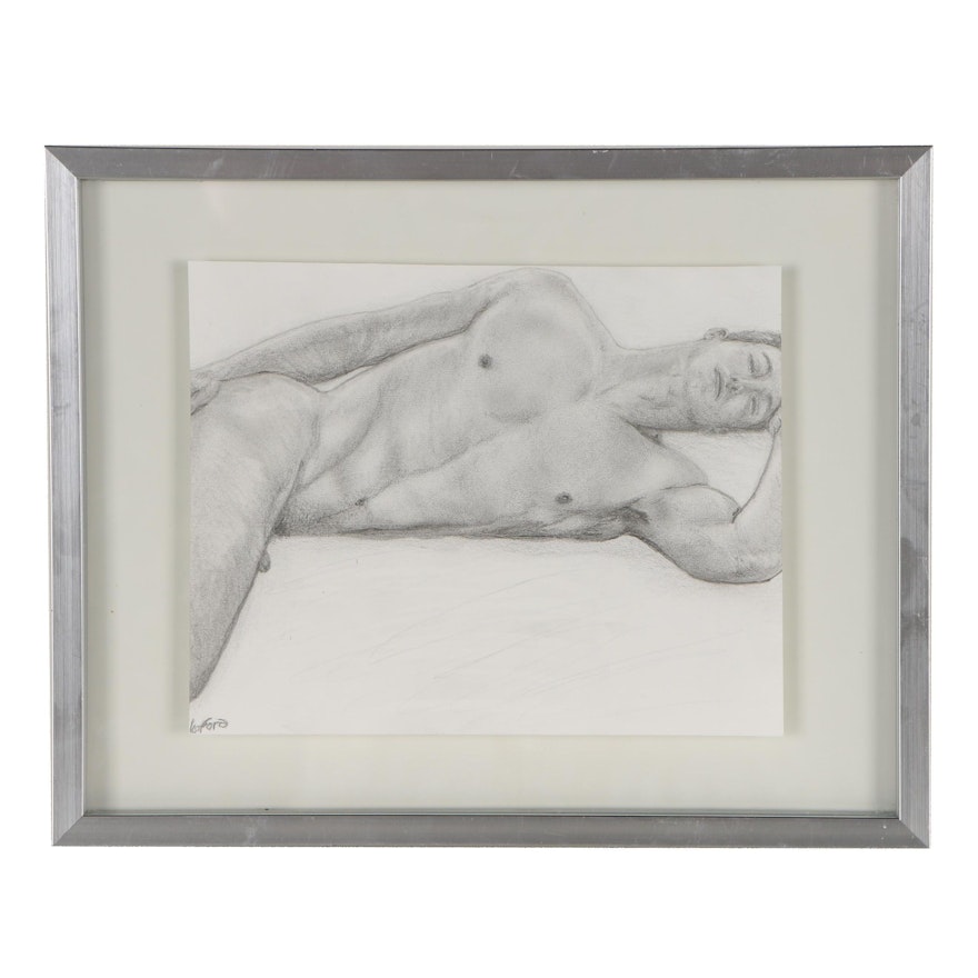 Kevin Ford Figural Graphite Drawing of Reclining Male Nude