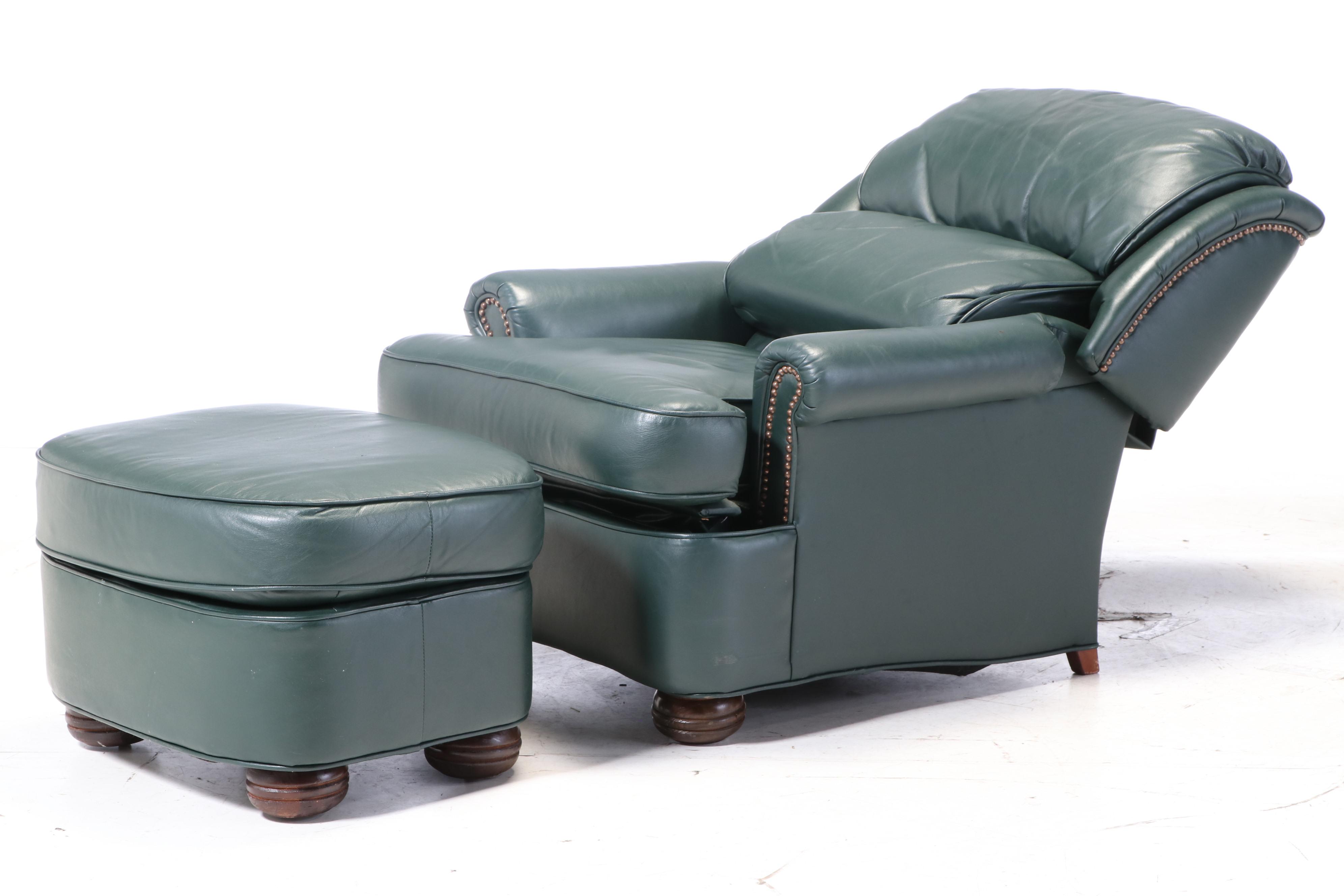The Barcalounger Company Green Leather Reclining Armchair and Ottoman