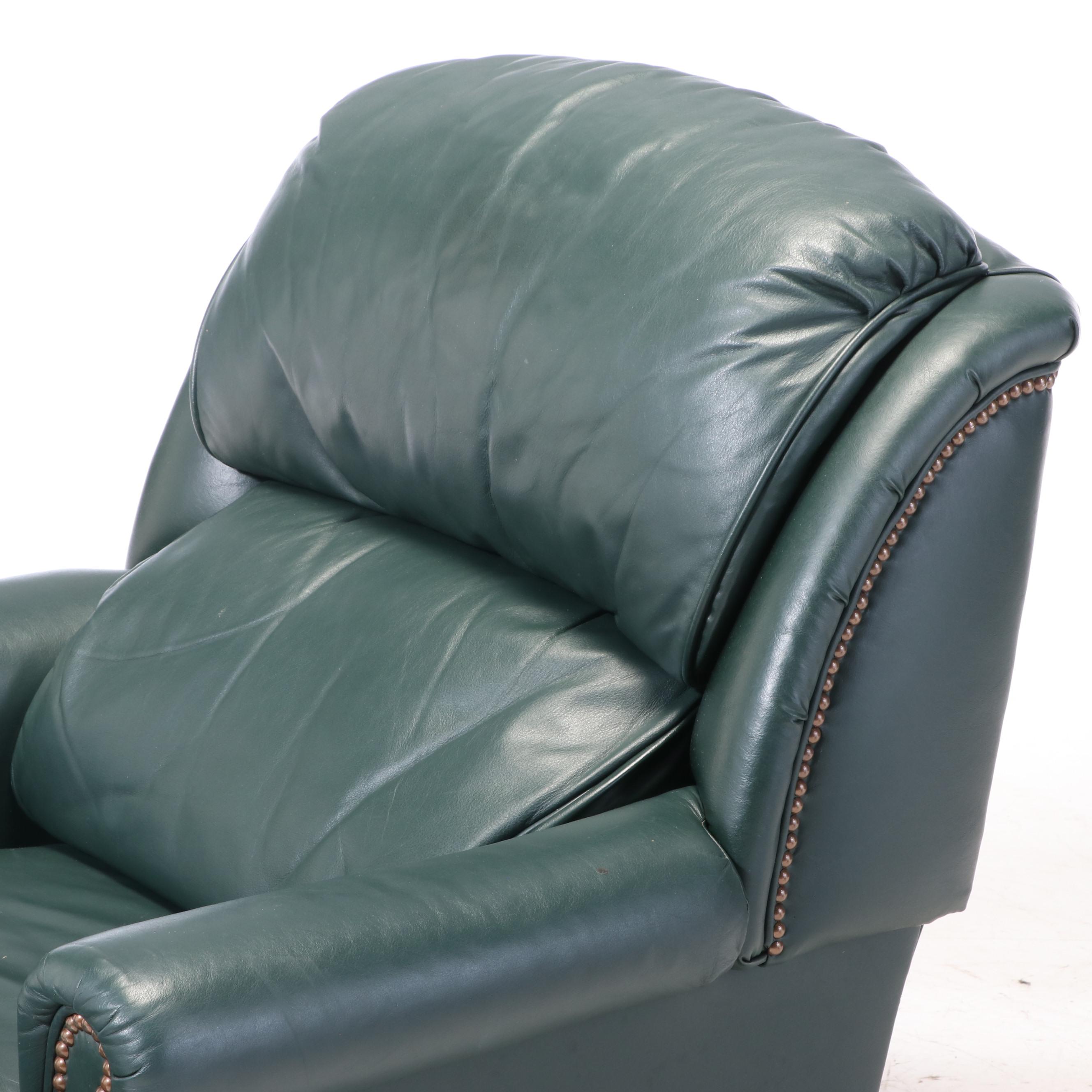The Barcalounger Company Green Leather Reclining Armchair and Ottoman