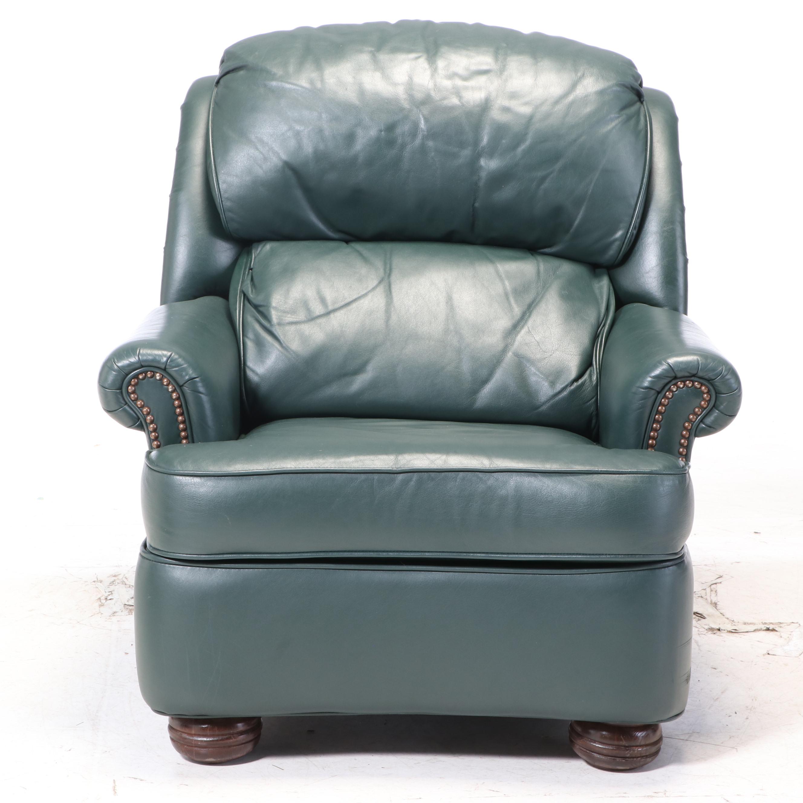 The Barcalounger Company Green Leather Reclining Armchair and Ottoman