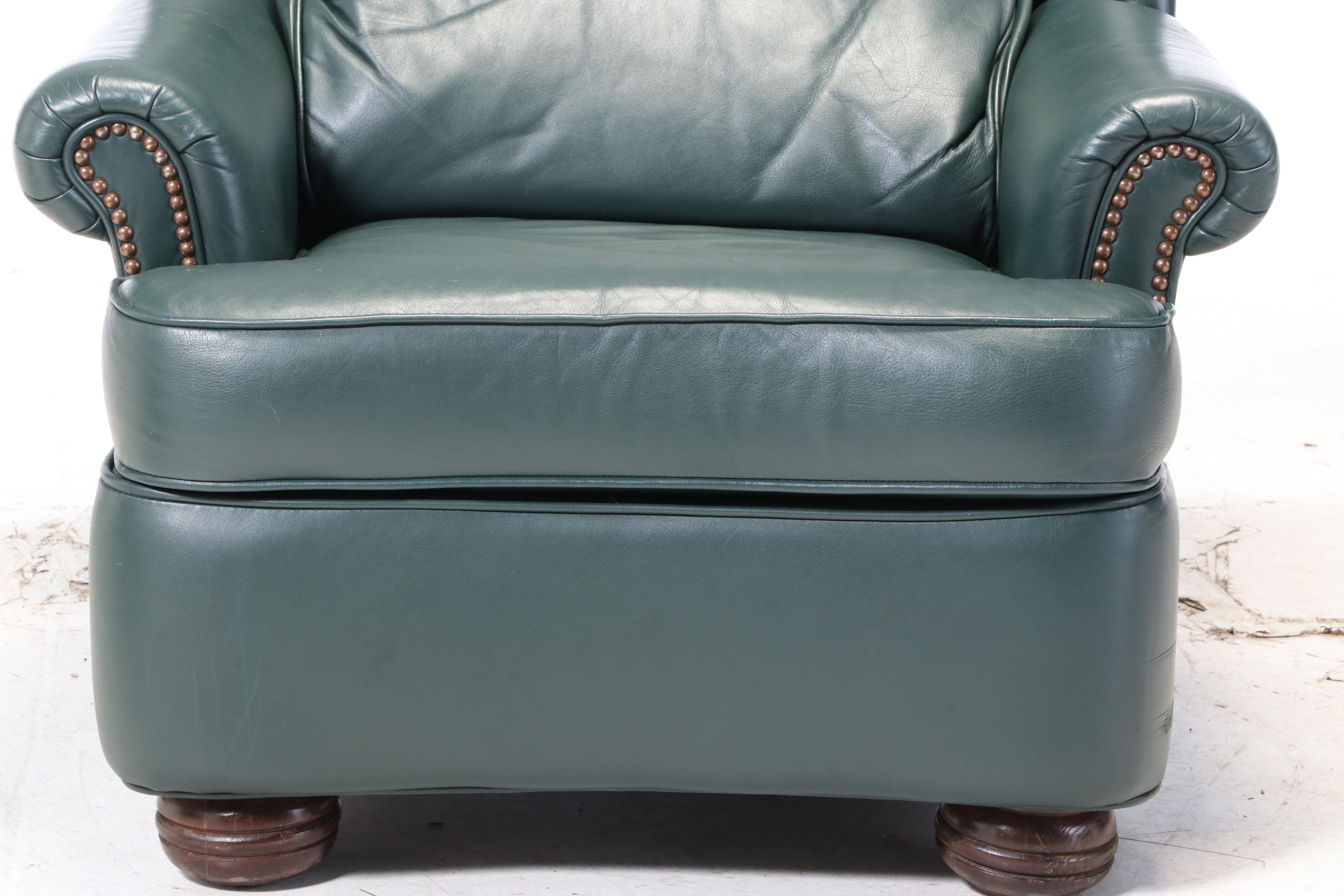 The Barcalounger Company Green Leather Reclining Armchair and Ottoman