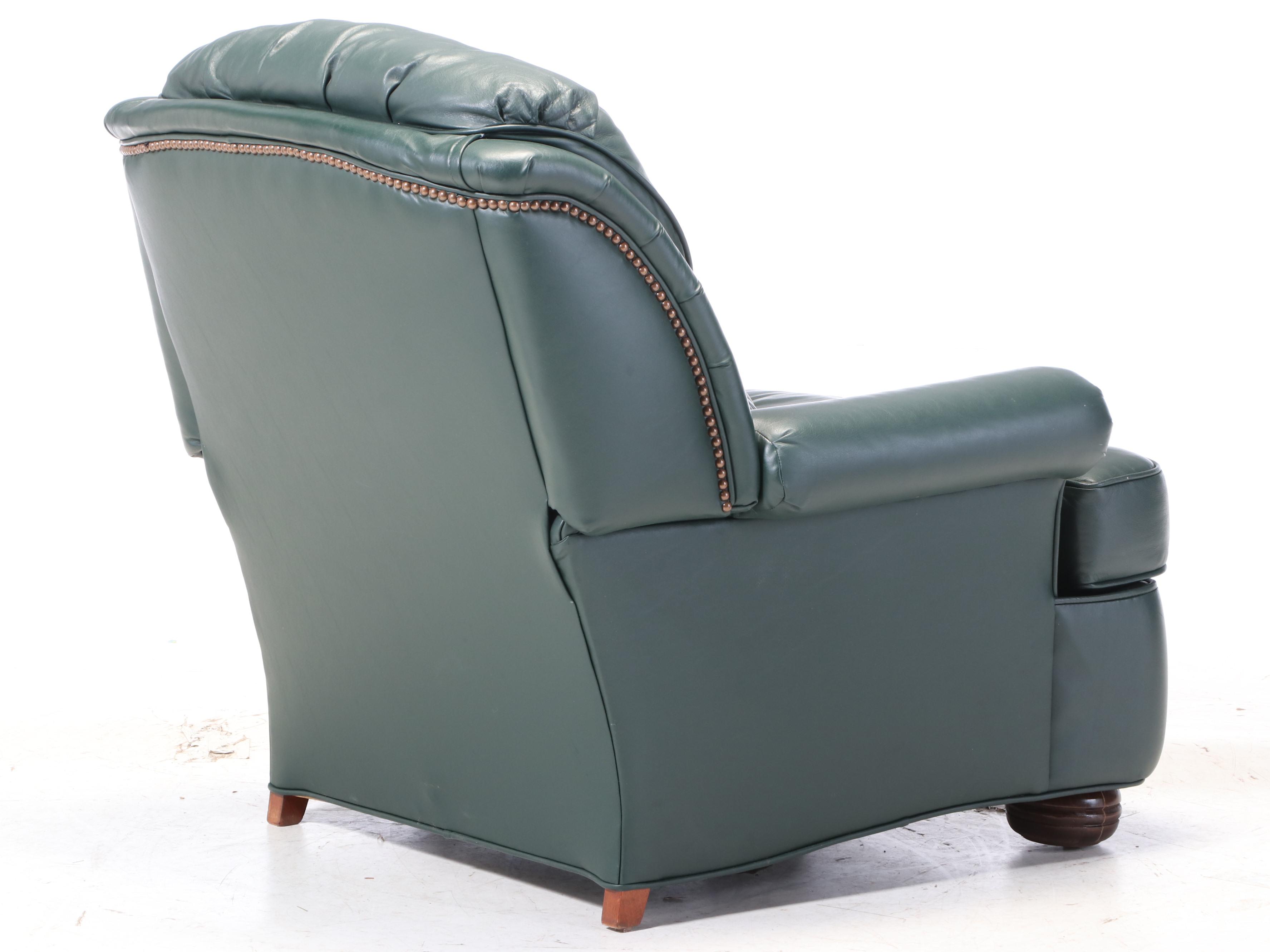The Barcalounger Company Green Leather Reclining Armchair and Ottoman