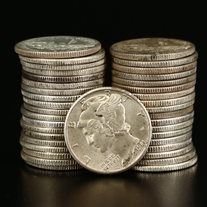 Thirty-Eight Mercury Silver Dimes, 1938-1945