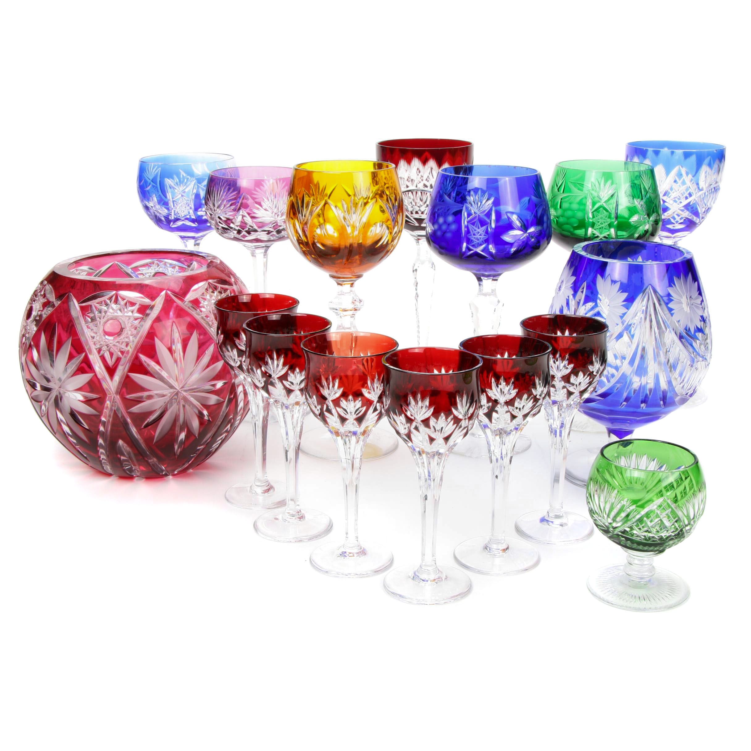 Bohemian Cut to Clear Crystal Stemware and Rose Bowl