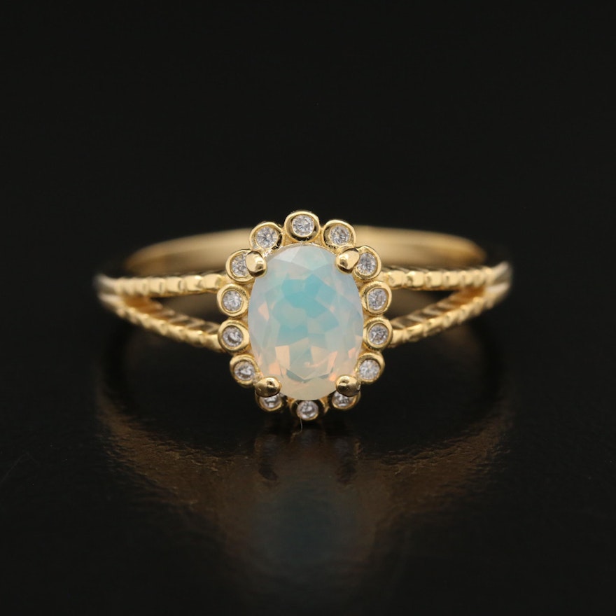 Sterling Opal and Cubic Zirconia Split Shank Ring