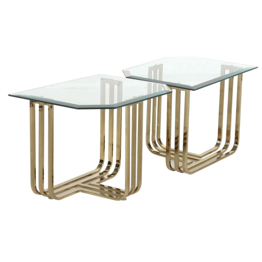 Pair of Contemporary Glass Top Brass Side Table, 21st Century