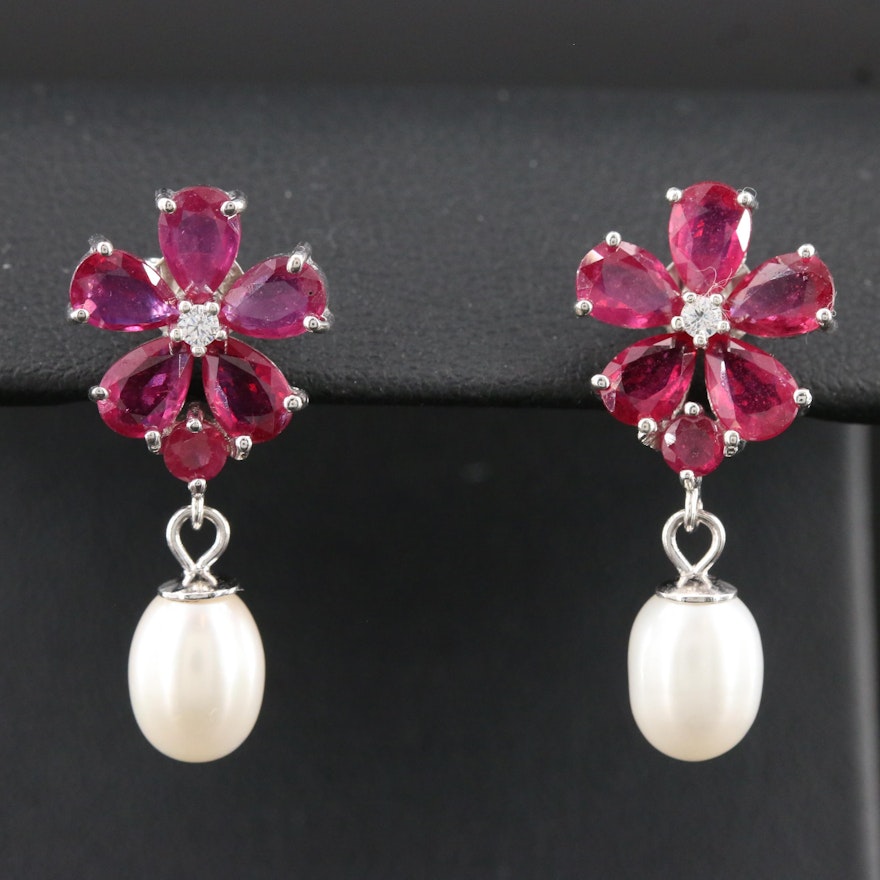 Sterling Corundum and Pearl Flower Drop Earrings