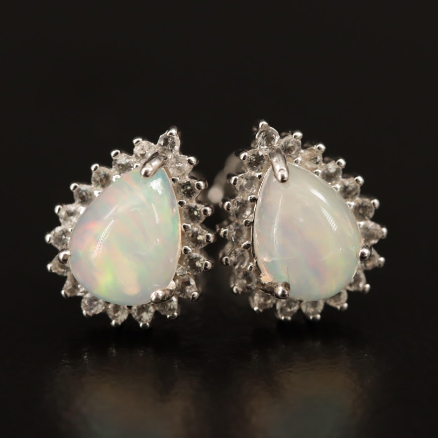 Sterling Silver Opal and White Topaz Teardrop Stud Earrings