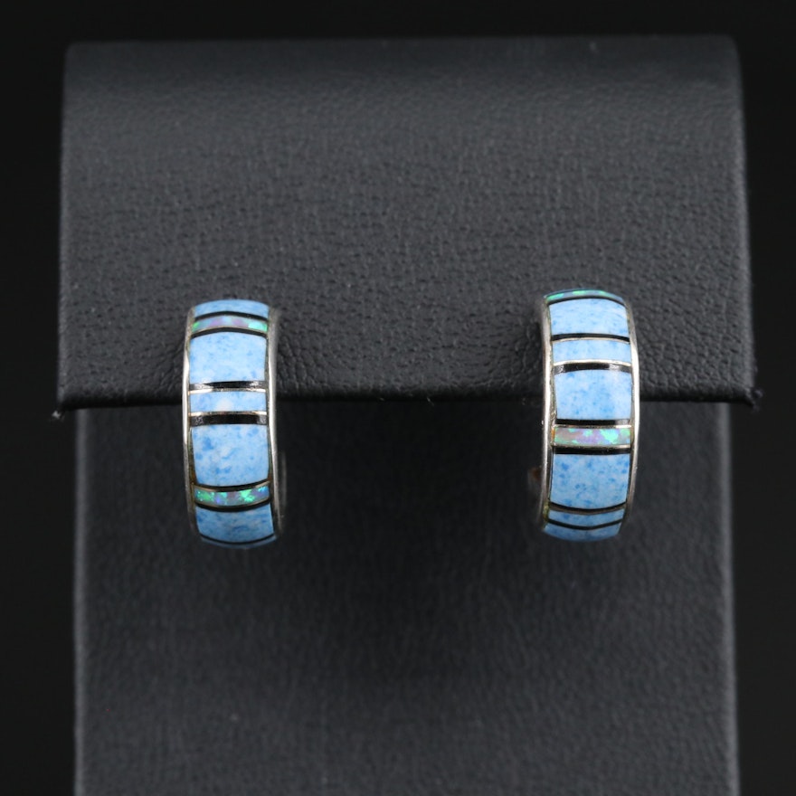 Signed Sterling Inlay Hoop Earrings