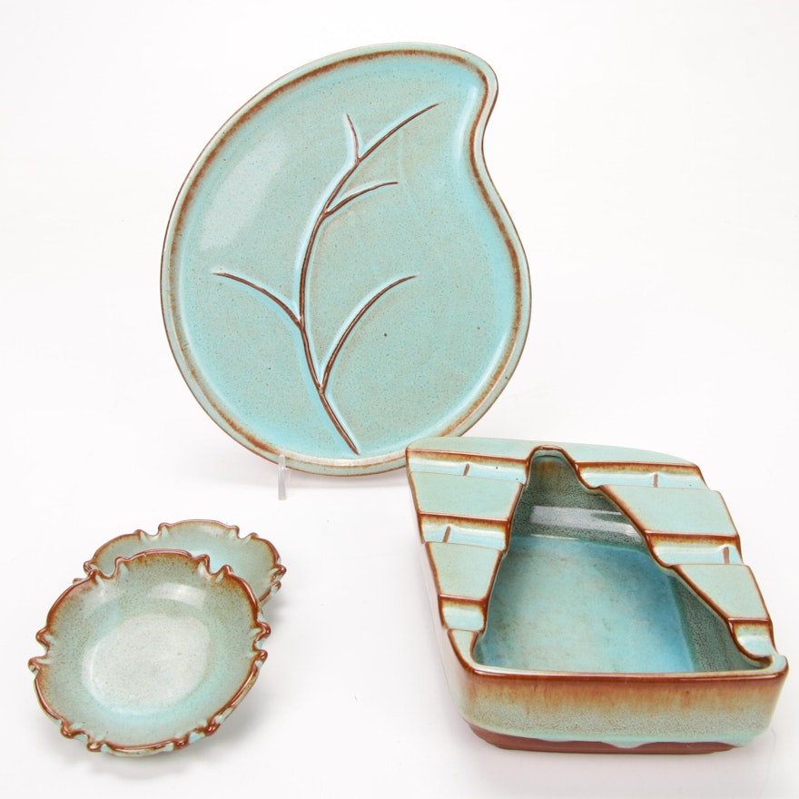 Nicodemus Ferro-Stone Turquoise Glazed Pottery Dishes and Ashtray, Mid-20th C.