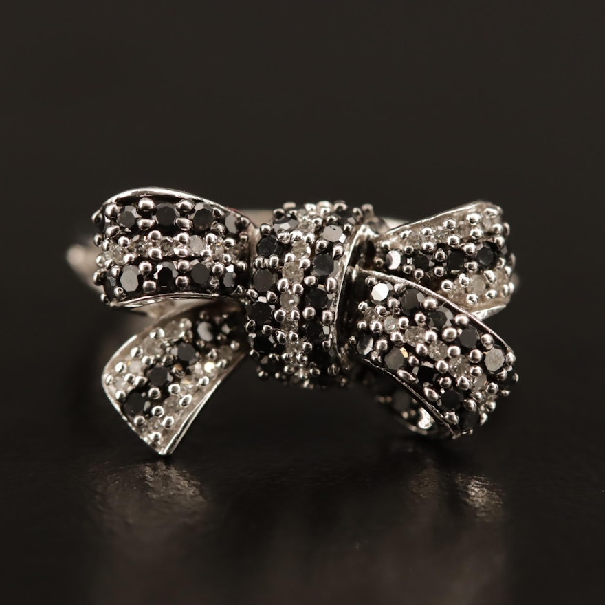 10K Diamond Bow Ring Featuring Black Diamonds