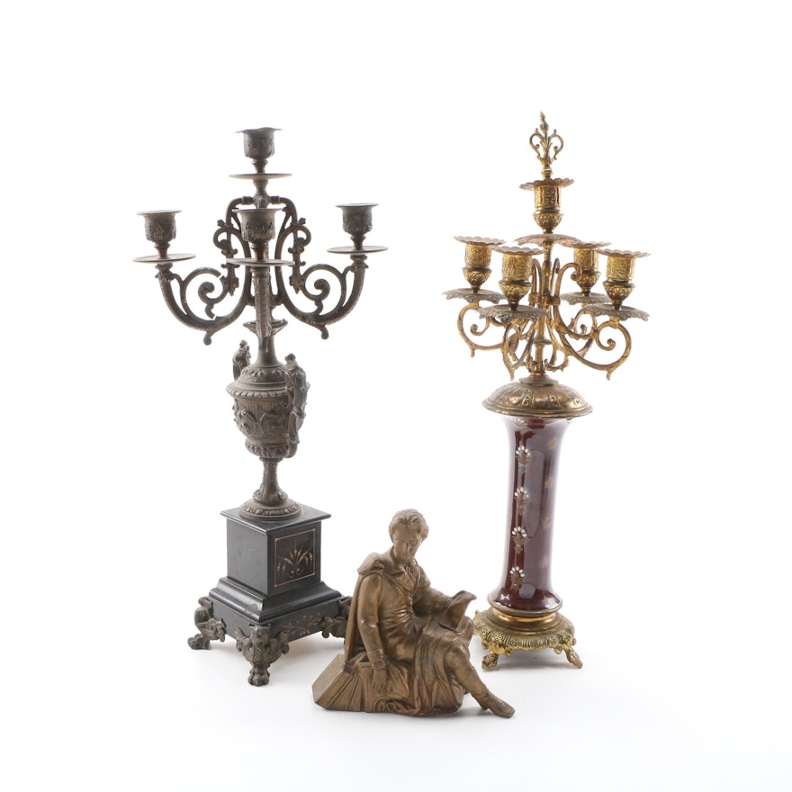 Victorian Candelabras and Bronze Statue of a Man, Mid 19th-Early 20th Century