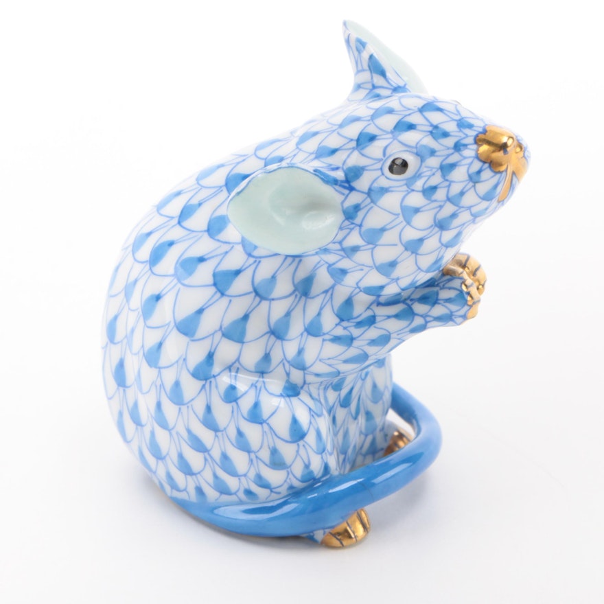 Herend Blue Fishnet with Gold "Mouse" Porcelain Figurine