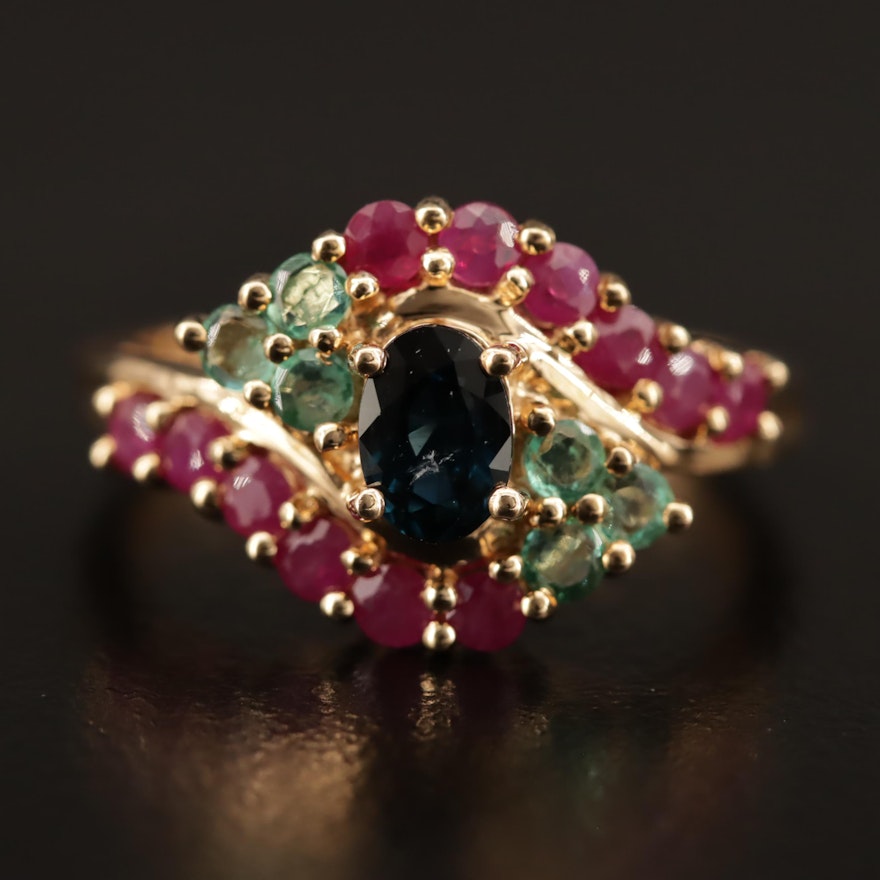 14K Sapphire, Ruby and Emerald Bypass Ring