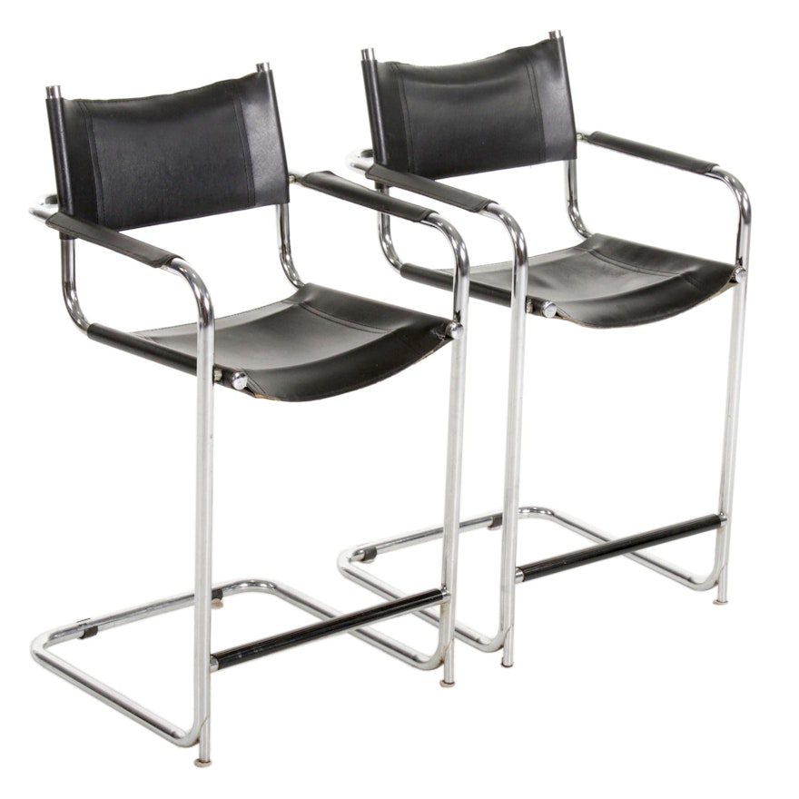 Pair of Mart Stam Style Italian Chrome and Black Leather Barstools, 20th Century