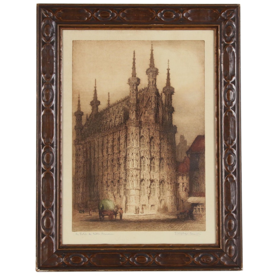 James Alphege Brewer Etching "The Hotel de Ville, Louvain"