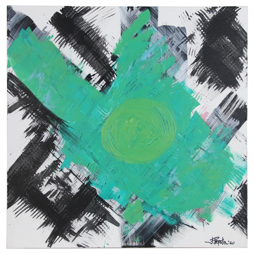 J. Popolin Abstract Acrylic Painting "Green Universe", 2020