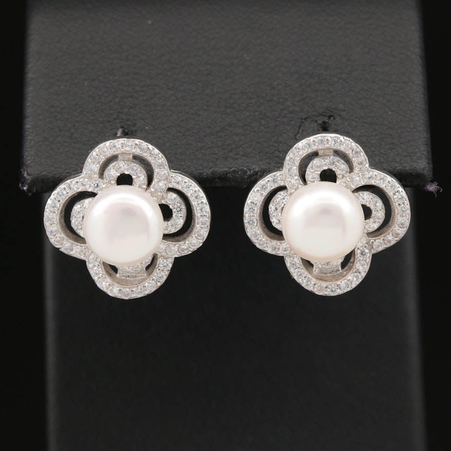 Sterling Silver Pearl and Cubic Zirconia Earrings with Floral Quatrefoil Design