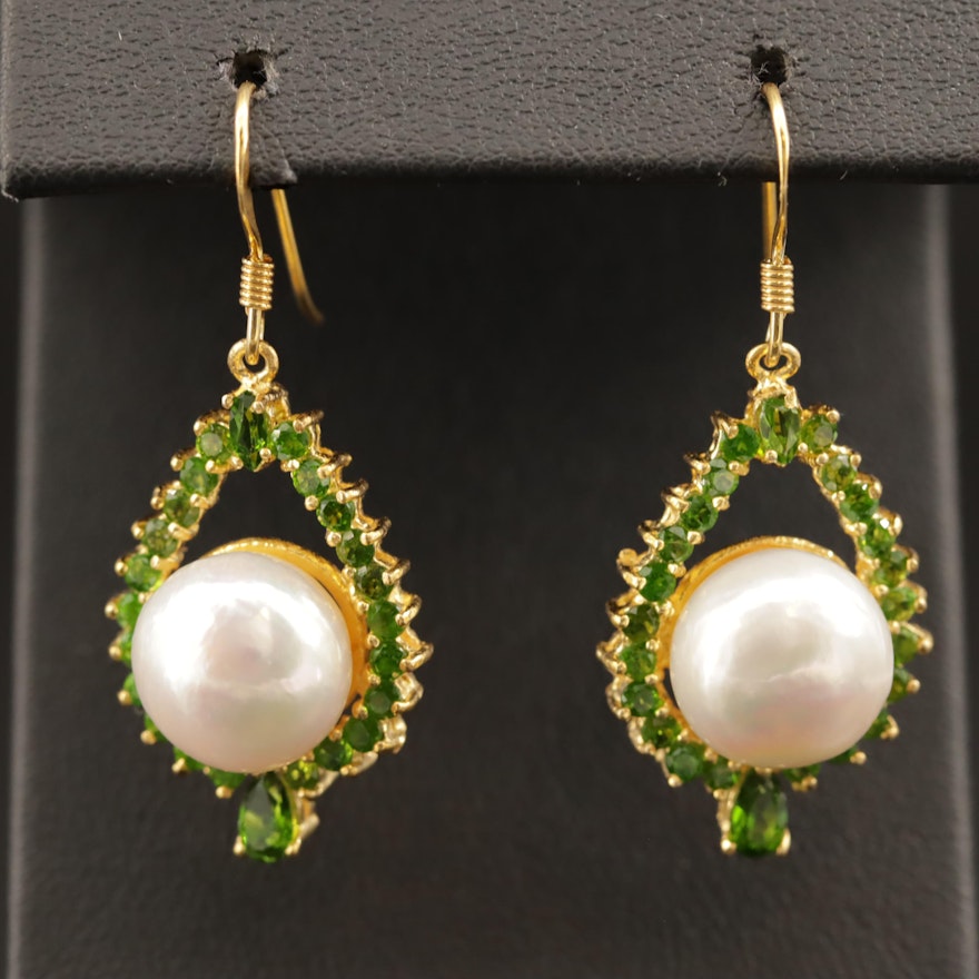 Sterling Silver Pearl and Chrome Diopside Earrings